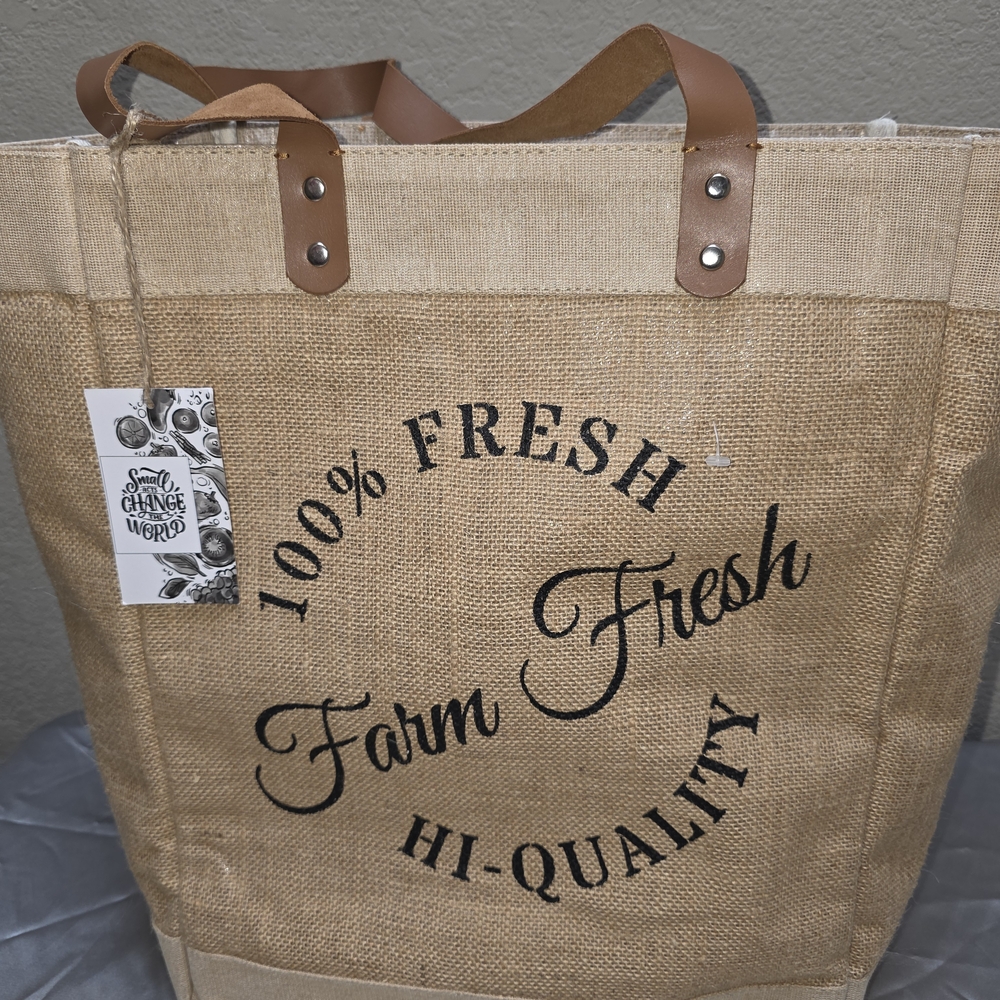 Farm Fresh Jute Tote Bag with Leather Handles
